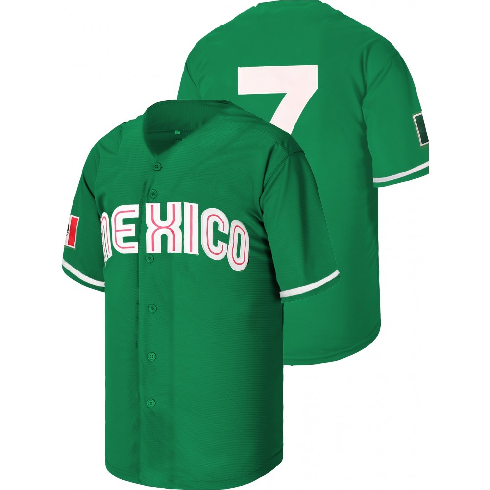 All Stitched #7 Green Baseball Jersey Embroidery V Neck Short Sleeve Baseball Shirt, Breathable Button-Up Sports Uniform For Training Competition Party All Stitched #7 Green Baseball Jersey Embroidery V Neck Short Sleeve Baseball Shirt, Breathable Button-Up Sports Uniform For Training Competition Party