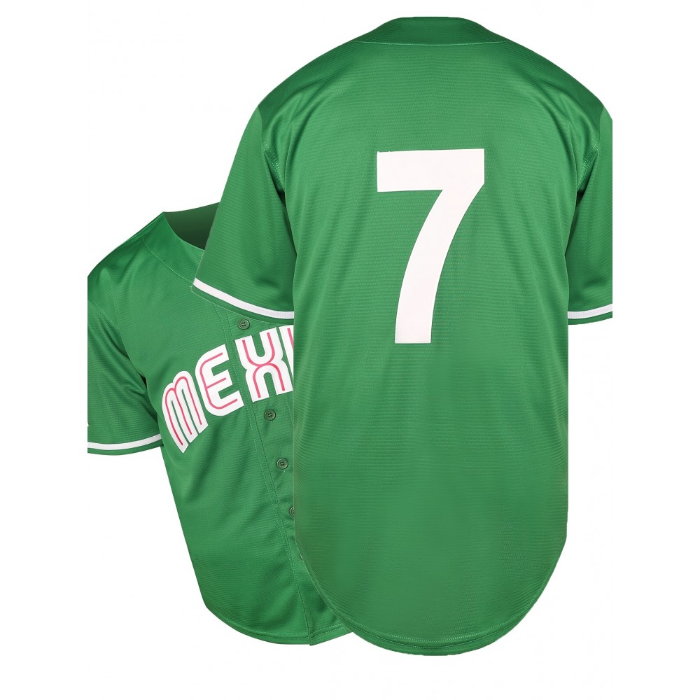 Stitched #7 Green Baseball Jersey Red Letter Embroidery V Neck Short Sleeve Baseball Shirt, Breathable Button-Up Sports Uniform For Training Competition Party Stitched #7 Green Baseball Jersey Red Letter Embroidery V Neck Short Sleeve Baseball Shirt, Breathable Button-Up Sports Uniform For Training Competition Party