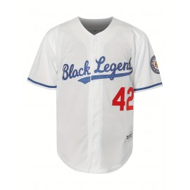 Men's Black Legend & #42 Baseball Jersey T-Shirt - Loose Fit V-Neck Button-Up, Breathable Polyester for Outdoor Sports, Training, Casual Wear & Parties (S-3XL)