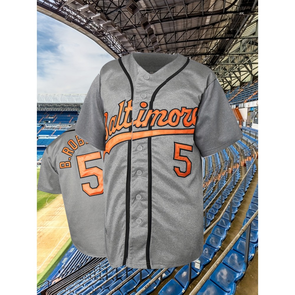 Men's Baltimore #5 Embroidered Baseball Jersey - Grey with Orange & Black Stripes, V-Neck Short Sleeve Sports Shirt for Parties, Training & Casual Wear Men's Baltimore #5 Embroidered Baseball Jersey - Grey with Orange & Black Stripes, V-Neck Short Sleeve Sports Shirt for Parties, Training & Casual Wear