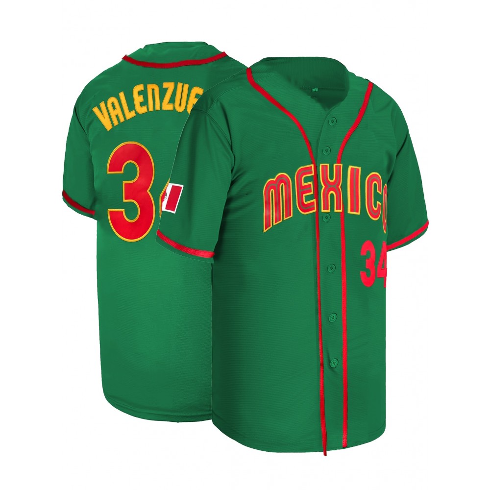 Men's #34 Mexico-Inspired Green Baseball Jersey with Red Letter Embroidery - V-Neck, Short Sleeve, Breathable Polyester, Button-Up Sports Uniform for Training, Competition & Casual Wear Men's #34 Mexico-Inspired Green Baseball Jersey with Red Letter Embroidery - V-Neck, Short Sleeve, Breathable Polyester, Button-Up Sports Uniform for Training, Competition & Casual Wear