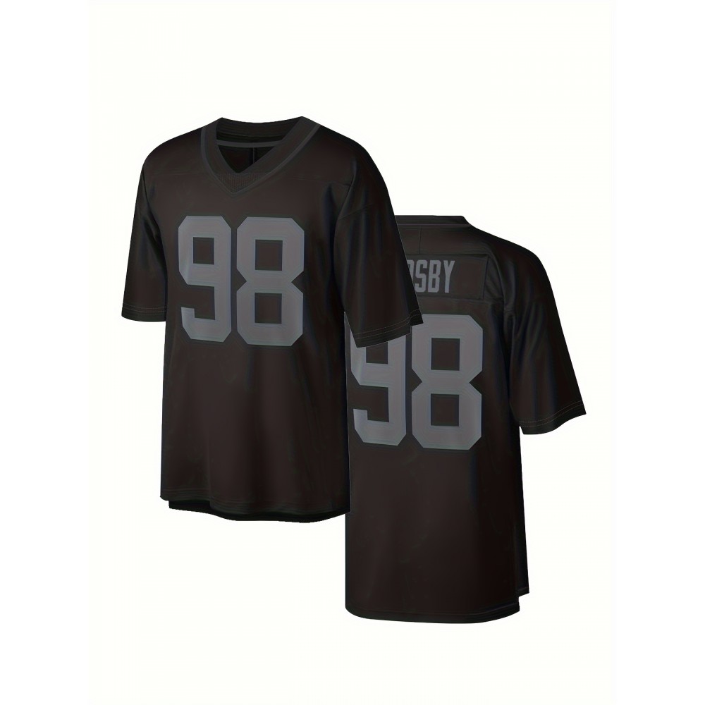 Men'S Black # 98 Breathable Rugby Shirt, Sports V-Neck Short Sleeved Training Shirt, Classic Embroidered American Football Shirt Men'S Black # 98 Breathable Rugby Shirt, Sports V-Neck Short Sleeved Training Shirt, Classic Embroidered American Football Shirt