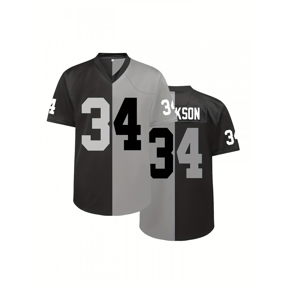 Men's Black #34 Breathable Rugby Jersey - V-Neck Short Sleeve American Football Shirt with Embroidered Lettering, Loose Fit for Training, Sports & Casual Wear, All-Season Comfort, Outdoor Activities Apparel, Sporty Vneck Design, Embroidered Detailing Men's Black #34 Breathable Rugby Jersey - V-Neck Short Sleeve American Football Shirt with Embroidered Lettering, Loose Fit for Training, Sports & Casual Wear, All-Season Comfort, Outdoor Activities Apparel, Sporty Vneck Design, Embroidered Detailing
