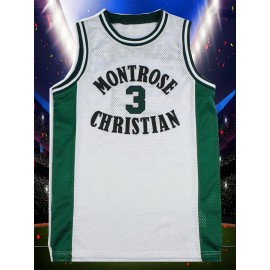 Men's #3 Montrose Christian Basketball Jersey - Breathable, Embroidered Polyester, White & Green with Round Neckline, Sizes S-3XL - Perfect for Team Sports, Casual Wear & Training, Basketball Accessories