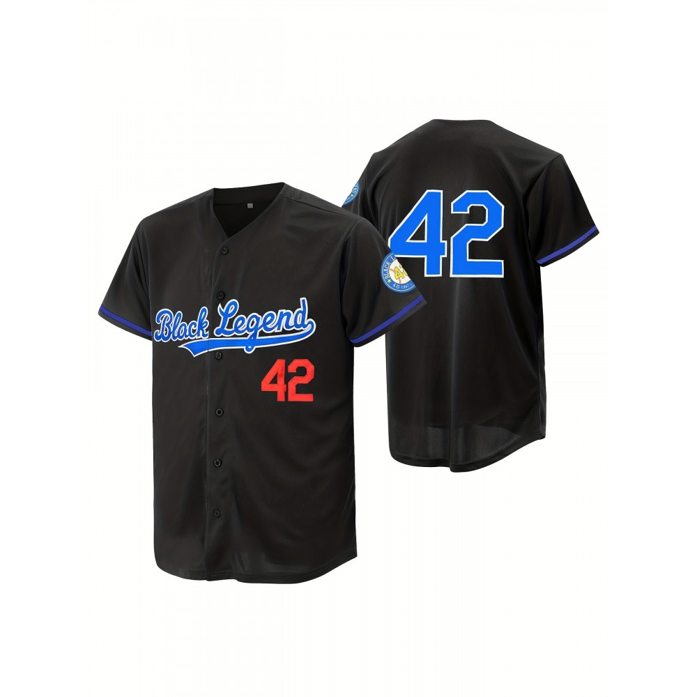 Men'S Black Embroidered Baseball Jersey #42 - 100% Polyester, V-Neck, Loose Fit, Machine Washable, Casual & Sporty Style for All Seasons, Sizes S-XXXL, Casual Wear Jersey | Embroidered Sports Jersey | Button Closure Men'S Black Embroidered Baseball Jersey #42 - 100% Polyester, V-Neck, Loose Fit, Machine Washable, Casual & Sporty Style for All Seasons, Sizes S-XXXL, Casual Wear Jersey | Embroidered Sports Jersey | Button Closure
