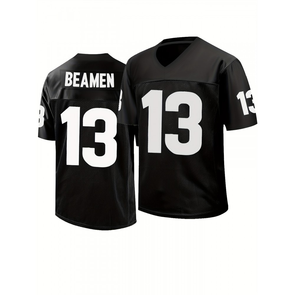 Men'S #13 Black Rugby Jersey - 100% Polyester V-Neck Short Sleeve Sportswear T-Shirt with Stitching for American Football, Casual Wear, and Training, Training Jersey | Sporty Vneck | Detailing Men'S #13 Black Rugby Jersey - 100% Polyester V-Neck Short Sleeve Sportswear T-Shirt with Stitching for American Football, Casual Wear, and Training, Training Jersey | Sporty Vneck | Detailing