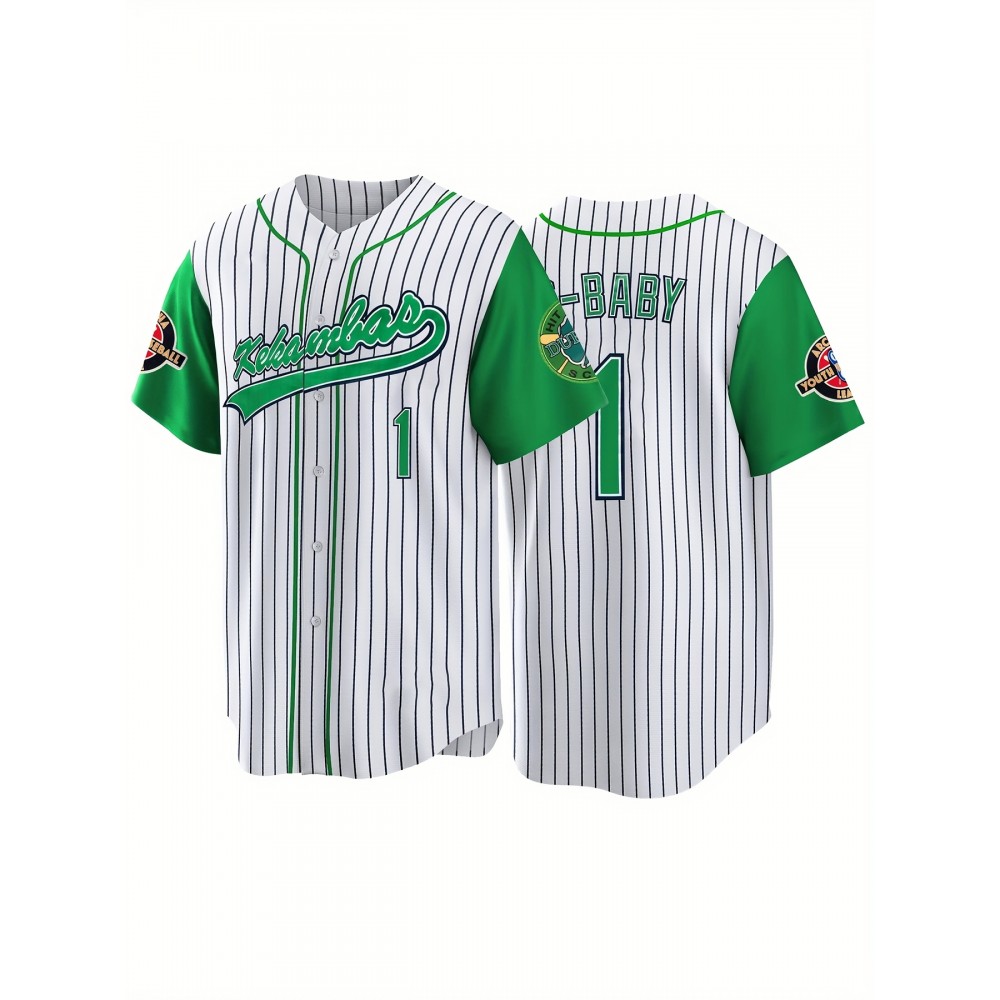 Men's #1 Green & White Striped Baseball Jersey - Breathable Polyester V-Neck Button-Up with Men's #1 Green & White Striped Baseball Jersey - Breathable Polyester V-Neck Button-Up with