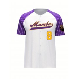 Men's White Baseball Jersey with Embroidered Mamba 24 & Number 8 Design - Breathable V-Neck, Loose Fit, Button-Up Short Sleeves for Training, Competitions, Casual & Streetwear - All-Season Athletic Shirt, Embroidered Detailing