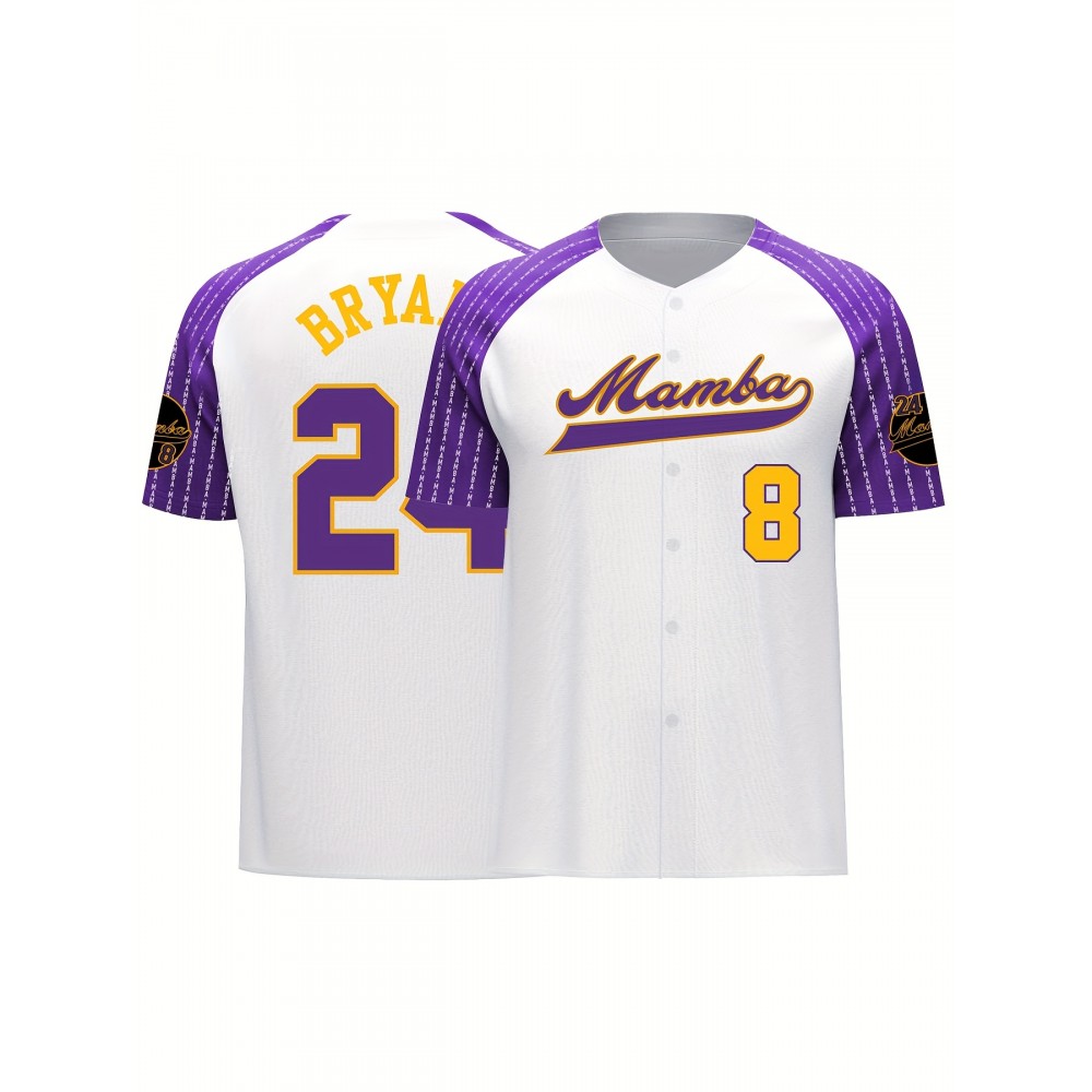 Men's White Baseball Jersey with Embroidered Mamba 24 & Number 8 Design - Breathable V-Neck, Loose Fit, Button-Up Short Sleeves for Training, Competitions, Casual & Streetwear - All-Season Athletic Shirt, Embroidered Detailing Men's White Baseball Jersey with Embroidered Mamba 24 & Number 8 Design - Breathable V-Neck, Loose Fit, Button-Up Short Sleeves for Training, Competitions, Casual & Streetwear - All-Season Athletic Shirt, Embroidered Detailing