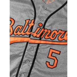 Men's # 5 Grey Embroidered V-neck Baseball Shirt - Breathable Loose Short Sleeve Shirt with Striped Accents Suitable for Casual And Sports S-3XL