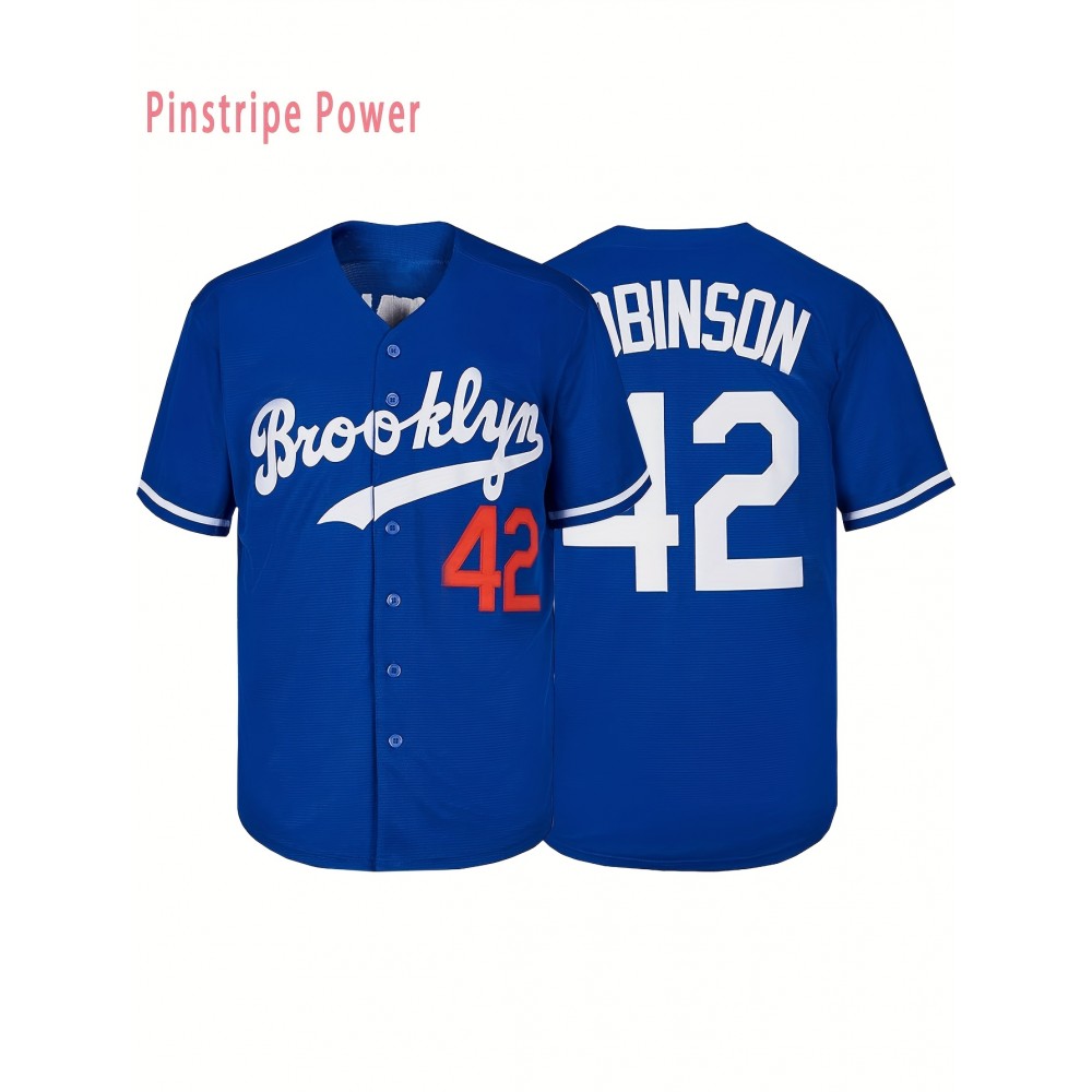 Men's Casual #42 Blue Baseball Shirt - Loose Fit V-Neck Button-Up with Brooklyn & Number Embroidery, 100% Polyester, Machine Washable, Sizes S-3XL for Training, Team Sports, Daily Wear & Outdoor Activities Men's Casual #42 Blue Baseball Shirt - Loose Fit V-Neck Button-Up with Brooklyn & Number Embroidery, 100% Polyester, Machine Washable, Sizes S-3XL for Training, Team Sports, Daily Wear & Outdoor Activities