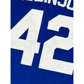 Men's Casual #42 Blue Baseball Shirt - Loose Fit V-Neck Button-Up with Brooklyn & Number Embroidery, 100% Polyester, Machine Washable, Sizes S-3XL for Training, Team Sports, Daily Wear & Outdoor Activities