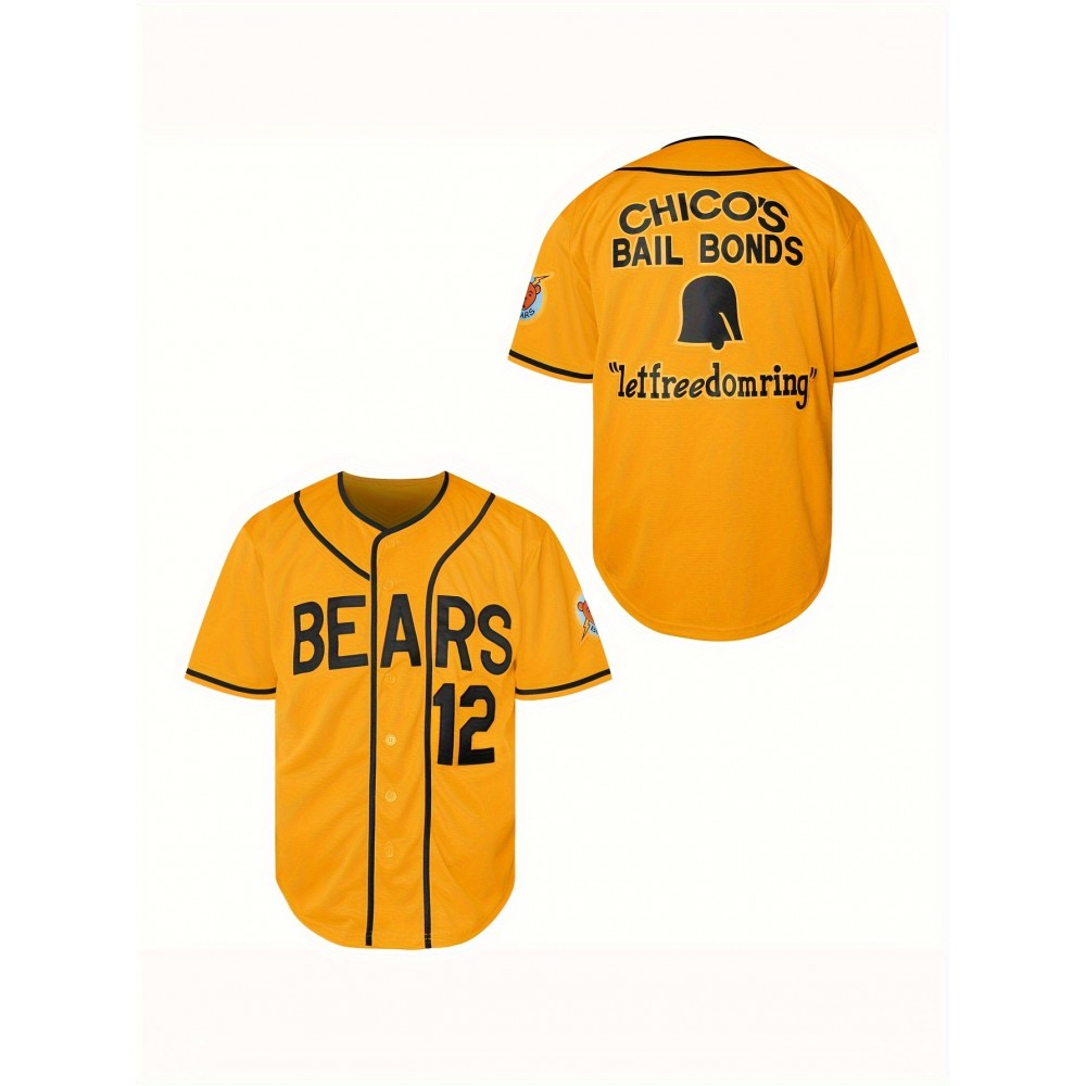 Men's #12 Yellow Bear Baseball Jersey - Retro Sports Training & Casual Wear, S-3XL, Polyester, V-Neck, Button-Up, Men's #12 Yellow Bear Baseball Jersey - Retro Sports Training & Casual Wear, S-3XL, Polyester, V-Neck, Button-Up,