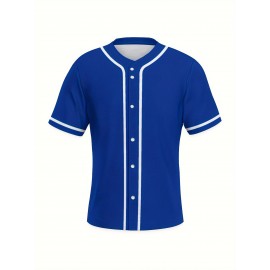 Men's Solid Color Classic Design Baseball Jersey, Men's Blue V-neck Baseball Jersey, Retro Baseball Shirt, Slightly Stretch Breathable Embroidery Button Sports Uniform For Training Competition Party Gifts
