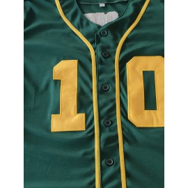 All Stitched 10 Dark Green Baseball Jersey Embroidery V Neck Short Sleeve Baseball Shirt, Breathable Button-Up Sports Uniform for Training Competition Party