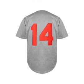 Stitched #14 Grey Baseball Jersey Red Letter Embroidery V Neck Short Sleeve Baseball Shirt, Breathable Button-Up Sports Uniform For Training Competition Party