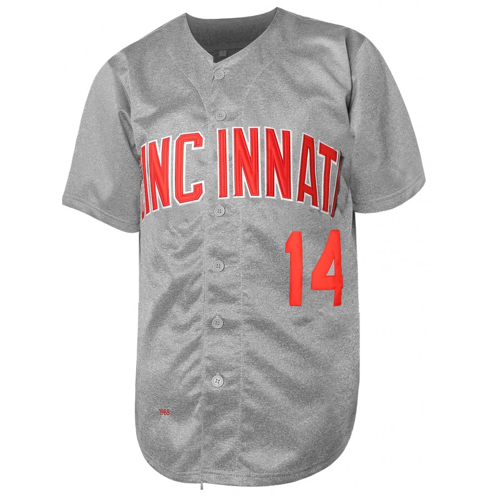 Stitched #14 Grey Baseball Jersey Red Letter Embroidery V Neck Short Sleeve Baseball Shirt, Breathable Button-Up Sports Uniform For Training Competition Party Stitched #14 Grey Baseball Jersey Red Letter Embroidery V Neck Short Sleeve Baseball Shirt, Breathable Button-Up Sports Uniform For Training Competition Party