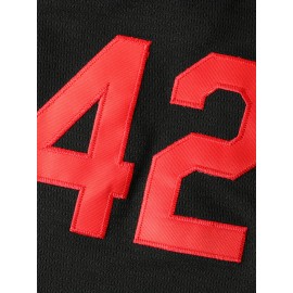 All Stitched 42 Baseball Jersey Letter Embroidery V Neck Short Sleeve Baseball Shirt, Breathable Button-Up Sports Uniform For Training Competition Party