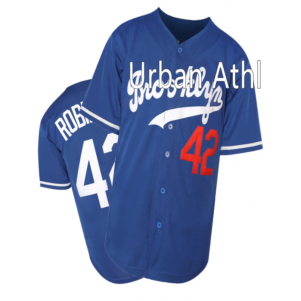 Blue 42 Baseball Jersey All Stitched Embroidery V Neck Short Sleeve Baseball Shirt, Breathable Button-Up Sports Uniform For Training Competition Party Blue 42 Baseball Jersey All Stitched Embroidery V Neck Short Sleeve Baseball Shirt, Breathable Button-Up Sports Uniform For Training Competition Party