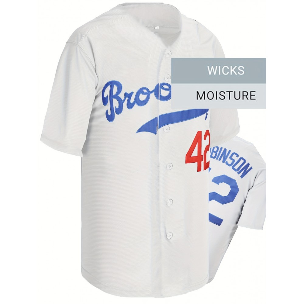 All Stitched #42 White Baseball Jersey Embroidery V Neck Short Sleeve Baseball Shirt, Breathable Button-Up Sports Uniform For Training Competition Party All Stitched #42 White Baseball Jersey Embroidery V Neck Short Sleeve Baseball Shirt, Breathable Button-Up Sports Uniform For Training Competition Party