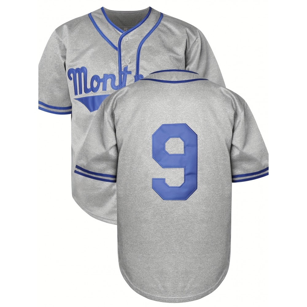 Stitched #9 Grey Baseball Jersey Red Letter Embroidery V Neck Short Sleeve Baseball Shirt, Breathable Button-Up Sports Uniform For Training Competition Party Stitched #9 Grey Baseball Jersey Red Letter Embroidery V Neck Short Sleeve Baseball Shirt, Breathable Button-Up Sports Uniform For Training Competition Party
