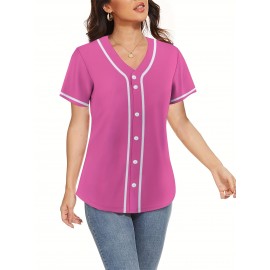 Women's Solid Color Pink Classic Design Baseball Jersey, Moisture Wicking, Breathable And Lightweight, UV Protection, Fade Resistant, Retro Baseball Shirt, Slightly Stretch Breathable Embroidery Button Sports Uniform For Training Party