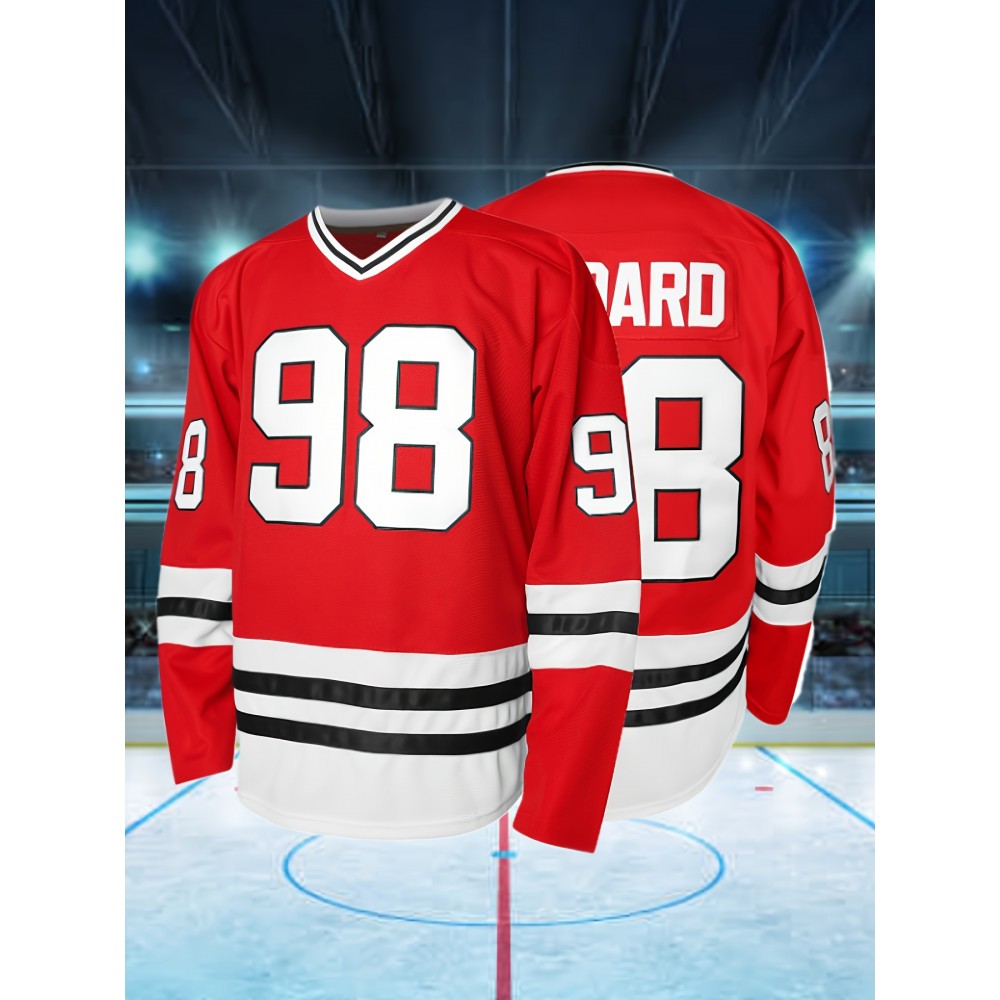 Men'S Ice Hockey Jersey Red # 98 Pullover V-neck Casual Embroidered Breathable Sports Shirt Suitable For All Seasons Men'S Ice Hockey Jersey Red # 98 Pullover V-neck Casual Embroidered Breathable Sports Shirt Suitable For All Seasons