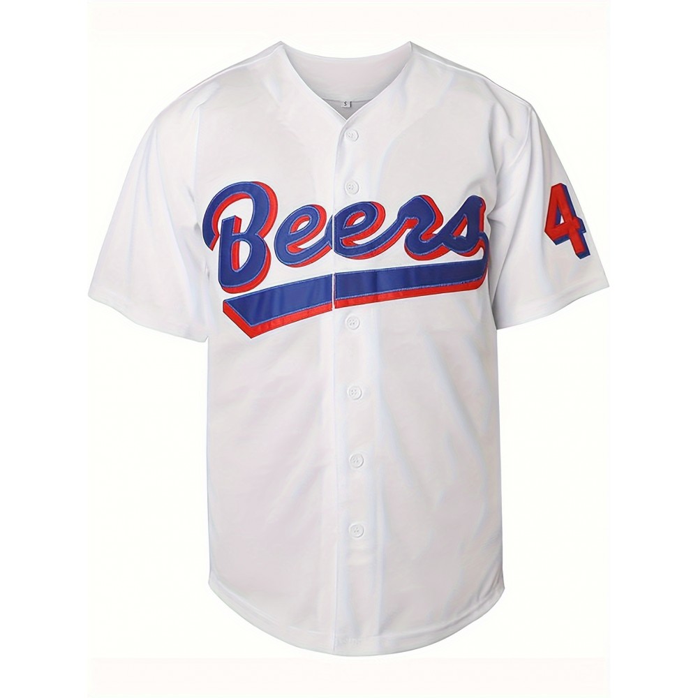 Men's #44 Beers Embroidered Baseball Jersey - Breathable, Comfort-Fit, V-Neck, Button-Up, White with Red & Blue Stripes, Polyester, Casual & Sporty, Sizes S-3XL Men's #44 Beers Embroidered Baseball Jersey - Breathable, Comfort-Fit, V-Neck, Button-Up, White with Red & Blue Stripes, Polyester, Casual & Sporty, Sizes S-3XL