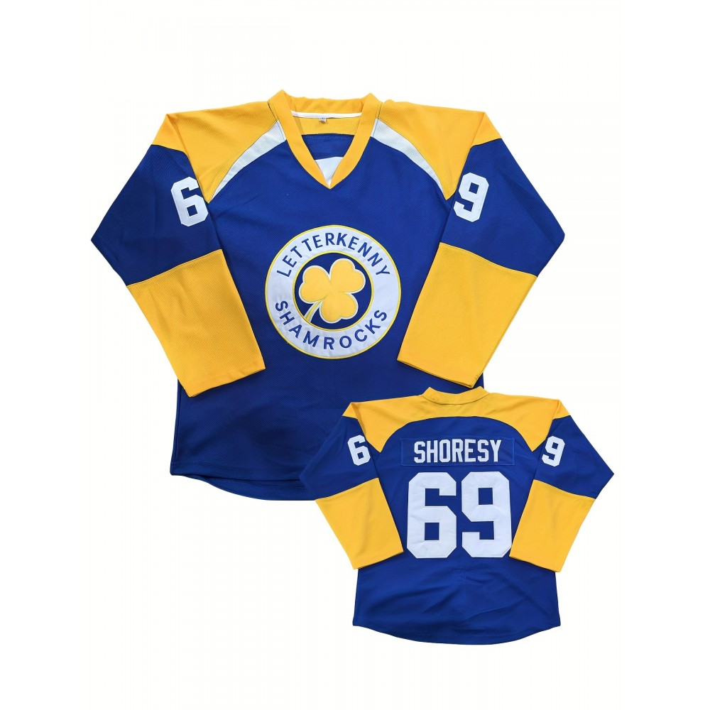 Men'S Embroidered Hockey Jersey - Letterkenny Shamrocks, Shoresy #69, Sports Fan Gear, Polyester V-Neck, All Seasons Wear, Outdoor & Casual, for Parties & Games - Blue Men'S Embroidered Hockey Jersey - Letterkenny Shamrocks, Shoresy #69, Sports Fan Gear, Polyester V-Neck, All Seasons Wear, Outdoor & Casual, for Parties & Games - Blue