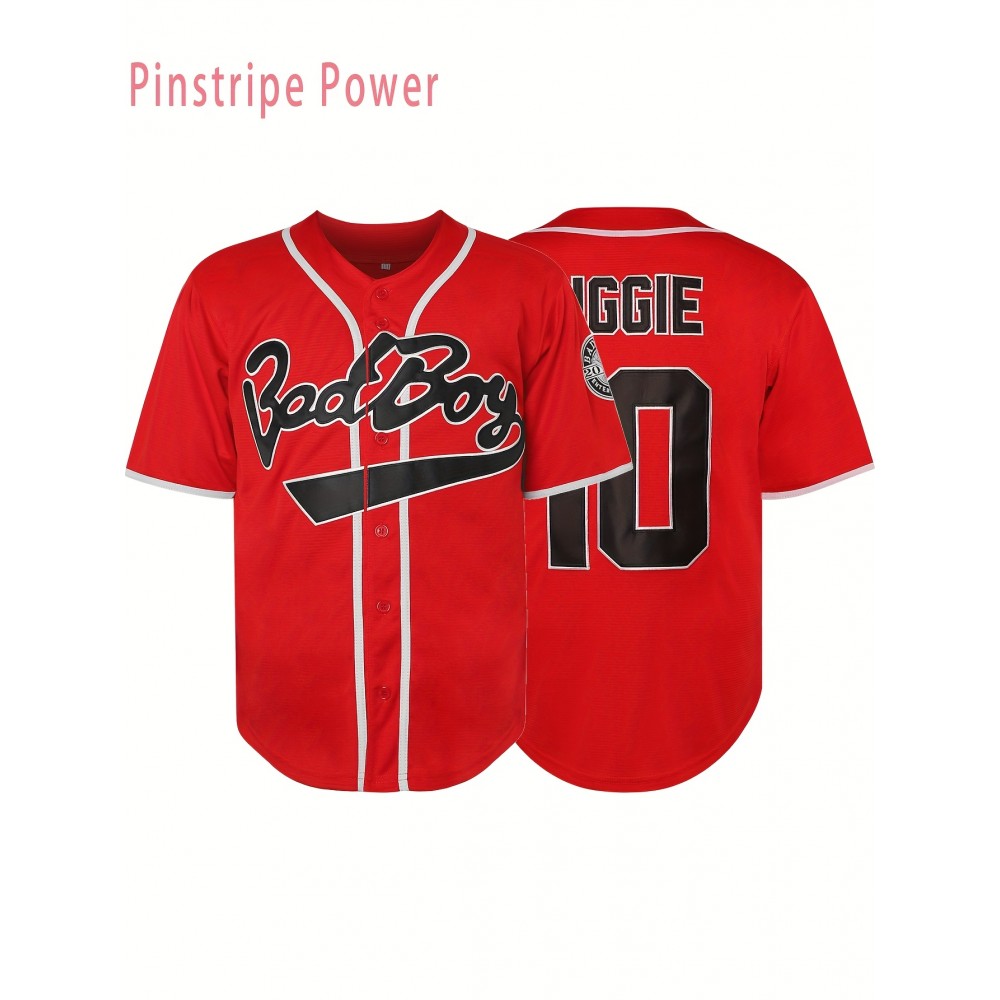 Men's #10 Red Baseball Shirt - V-Neck Button-Up Design with BAD BOY & PINESTRIP POWER Logos, Loose Fit Team Uniform for Games, Training, Casual Wear (Sizes S-3XL) Men's #10 Red Baseball Shirt - V-Neck Button-Up Design with BAD BOY & PINESTRIP POWER Logos, Loose Fit Team Uniform for Games, Training, Casual Wear (Sizes S-3XL)