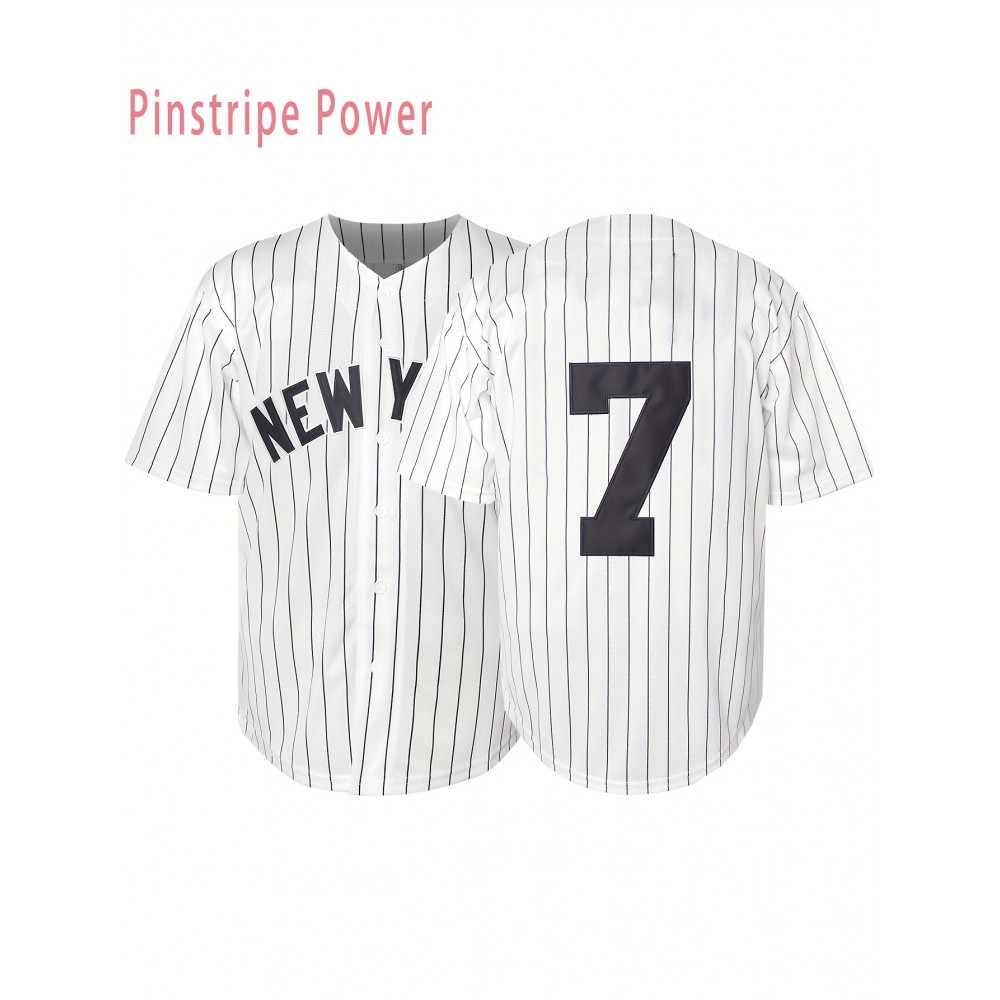 Men's American # 7 White Striped Baseball Jersey Suitable for Team Training And Street Wear In Spring, Summer, And Autumn, Size S-3XL Men's American # 7 White Striped Baseball Jersey Suitable for Team Training And Street Wear In Spring, Summer, And Autumn, Size S-3XL
